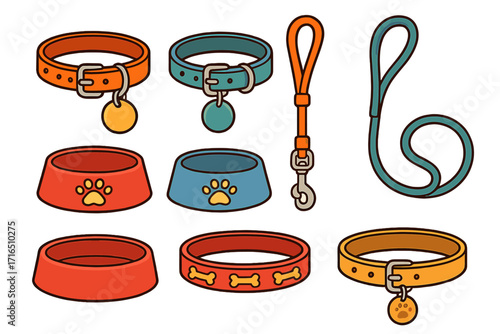 Pet accessories collection. Dog and cat care equipment set. Vector cartoon illustration of colorful collars, leashes, food bowls. Icons for pet shop supplies isolated on white.