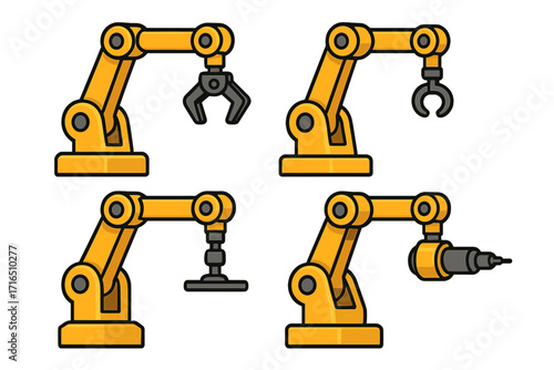 Industrial robot arm vector set. Factory automation technology. Mechanical manipulator, gripper, welder, and conveyor tool for assembly line production. Cartoon icons.