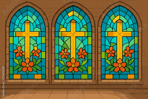 Church stained glass windows with cross and floral design. Christian religion, faith, and spirituality concept. Cathedral or chapel interior. Colorful mosaic vector illustration.
