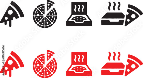 icons, design, vector, illustration, pizza, slice, box, food, icon, symbol, graphic, black, red, white background, delicious, meal, fast food, italian, cuisine, cheesy, pepperoni, takeout, delivery, h