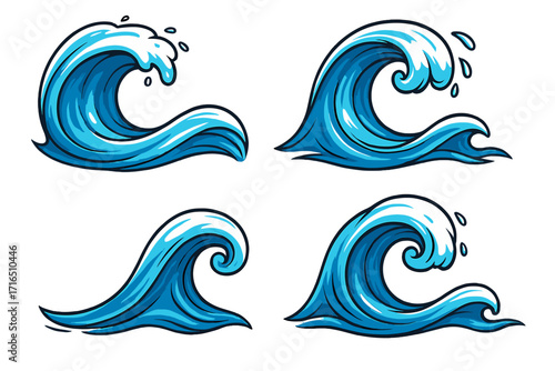 Set of ocean waves. Sea surf collection. Blue water splashes, drops and tsunami curls. Marine storm weather elements. Cartoon vector illustration for surfing and nature design.
