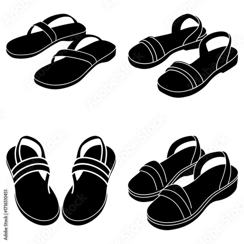 Illustration showcasing four pairs of black sandals with varying strap designs on a white background