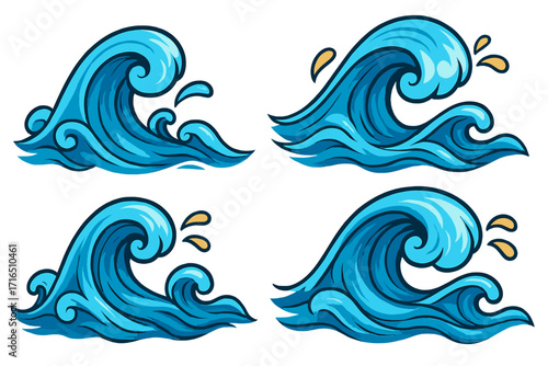Set of ocean waves illustration. Sea surf collection. Water splash, storm tide and tsunami. Cartoon vector graphic. Nature, marine or surfing concepts. Flow, energy, motion.