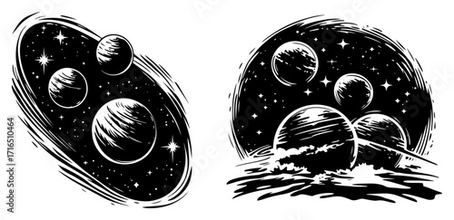 Monochrome Space Scene Illustrations with Planets and Stars