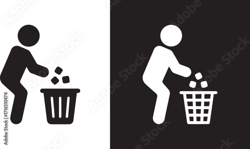 trash, bin, garbage, waste, disposal, littering, clean, environment, recycling, icon, symbol, silhouette, person, throwing, dropping, bucket, container, black, white, contrast, graphic, vector, hygien