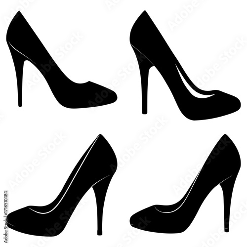 Four black high heel shoes arranged in a square pattern on a white background in a simple graphic style