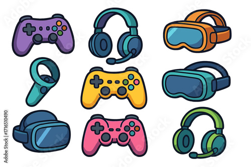 Big set of gaming icons. Colorful flat cartoon vector illustration of video game equipment. Gamepad, controller, joystick, VR glasses, headset. Gamer and esports concept.
