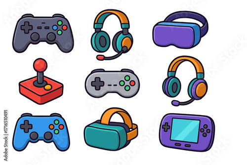 Gaming icon set. Collection of colorful video game equipment. Vector cartoon illustration of controllers, gamepads, joystick, headsets, and virtual reality gear. Flat design.