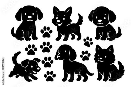 Set of cute dog and puppy silhouettes. Collection of black pet icons with paw prints. Vector cartoon illustration of various dog breeds, isolated on white background.