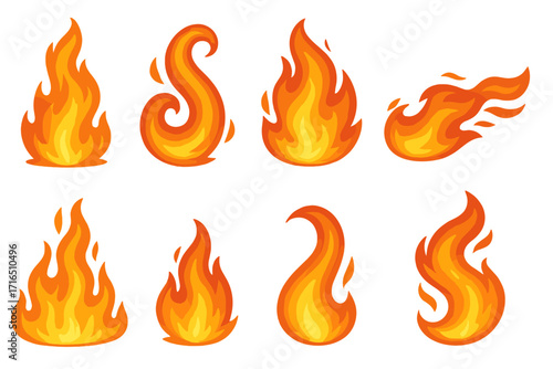 Set of colorful fire and flame illustrations. Cartoon vector bonfire, fireball, and heatwave elements. Dynamic burning blaze and campfire icons for creative design concepts.