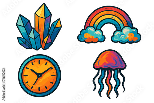 Colorful cartoon sticker set. Abstract crystal, rainbow, clock, jellyfish icons. Modern psychedelic graphic elements. Vibrant isolated vector illustration art pack design.