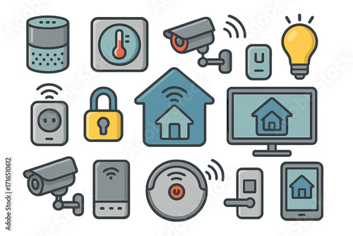 Smart home icons collection vector cartoon illustration. Set of various devices for modern living. Internet of things, home automation, security, and control concept.
