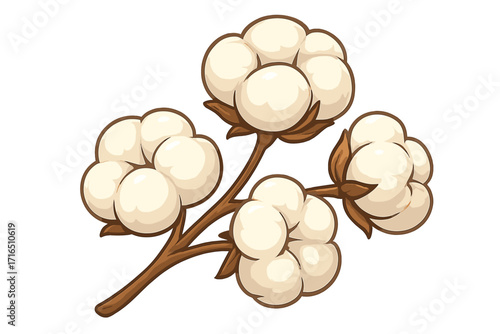 Cotton plant branch with fluffy bolls. Vector illustration. Natural organic fiber for textile and fabric production. Agriculture raw material. Botanical cartoon drawing.
