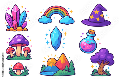 Cute fantasy magic sticker set. Cartoon vector collection with wizard hat, crystal, potion, rainbow, mushroom. Whimsical nature landscape and fairytale elements icons.