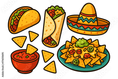 Mexican food vector set. Cute cartoon icons of taco, burrito, nachos, salsa, and sombrero. Traditional fast food for restaurant menu, sticker, Cinco de Mayo, or party design.