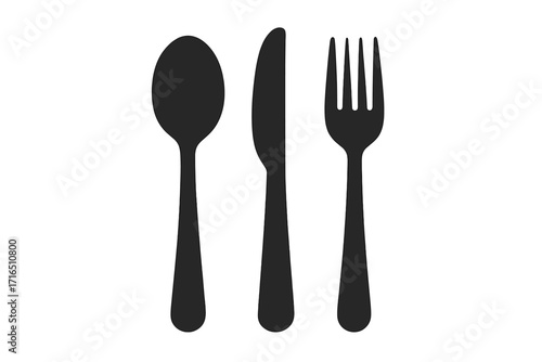 Cutlery icon set with spoon, knife, and fork. Black silhouette style vector illustration. Kitchen utensil and tableware for eating, food, restaurant, and dinner. Isolated on white.