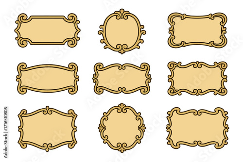 Set of decorative vintage frames and labels. Collection of elegant baroque borders with ornamental scroll elements. Classic retro certificate or invitation design template.