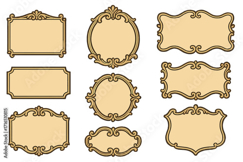 Set of elegant vintage frames. Ornate baroque collection of decorative borders. Classic retro labels for invitation or certificate. Antique rococo vector design elements.