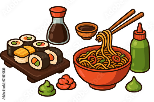 Asian food set with sushi and ramen noodles. Japanese cuisine concept with maki rolls, soy sauce, wasabi and ginger. Vector cartoon illustration for restaurant menu design.