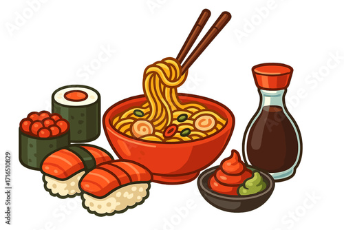Japanese food set with ramen noodles, salmon sushi, maki rolls, and soy sauce. Vector cartoon illustration of delicious Asian cuisine for a restaurant menu concept.