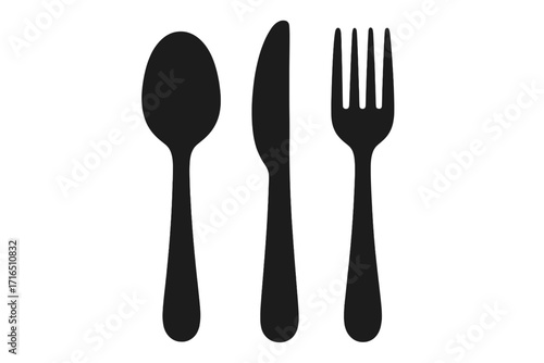 Cutlery icon set with spoon, knife, and fork. Black silhouette of flatware for dining, restaurant menu, or kitchen concept. Vector illustration of tableware isolated. Food service symbol.