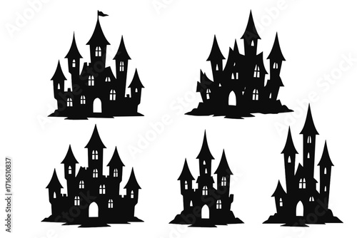 Set of haunted castle silhouettes for Halloween. Spooky gothic palace and horror fortress vector icons. Scary Dracula vampire fantasy building collection for spooky design.