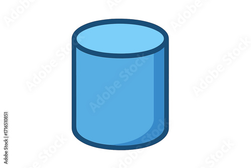 Cylinder icon flat cartoon style. Simple blue geometric shape. 3D figure for geometry or design element. Vector illustration of a basic primitive form, tube, pipe or can.
