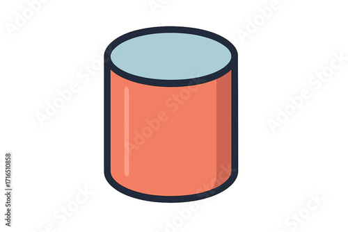 Cylinder icon in flat cartoon style. Simple 3D geometric shape for learning, math, or design. Basic volumetric figure vector illustration. Isolated graphic element object.