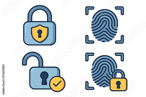 Digital security icon set. Fingerprint scan for biometric authentication and access control. Padlock for cyber safety, data protection, privacy. Vector cartoon illustration.