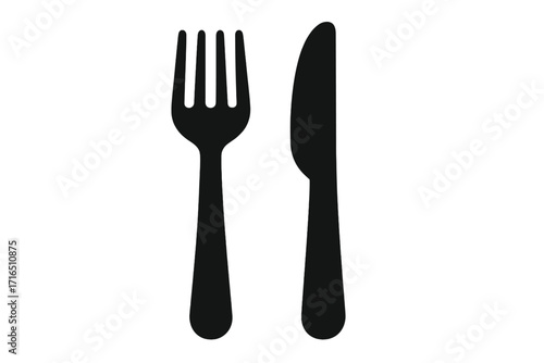 Cutlery icon with fork and knife silhouette. Vector graphic for restaurant menu, food blog, or cooking app. Flat design tableware symbol for dining, eating, and lunch concepts.