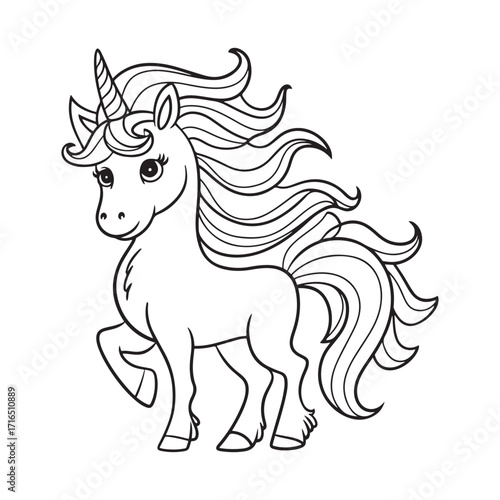Unicorn Coloring Page for Kids and Adults with Beautiful Flowing Mane and Horn