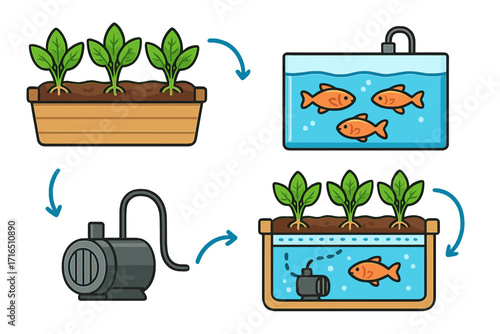 Aquaponics system cartoon vector illustration. Guide to home gardening with fish and plants. Symbiotic ecosystem combining aquaculture and hydroponics for organic food growth.