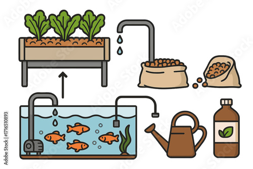 Aquaponics system diagram for home gardening. Vector cartoon illustration of a fish tank, plants, and water pump. Sustainable agriculture and organic farming concept guide.