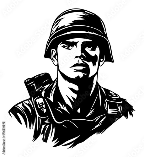 Brave Soldier Portrait in Helmet black shape vector laser cutting engraving monochrome print