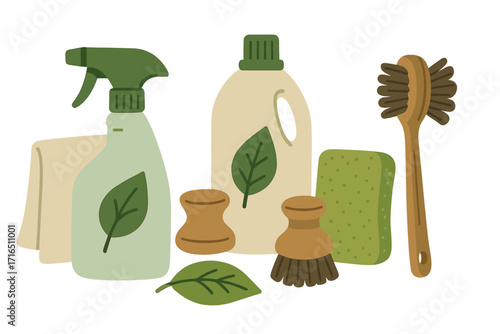 Eco friendly cleaning supplies for sustainable household. Natural bio products for home cleaning. Zero waste lifestyle concept. Vector illustration set with brush, sponge, spray.