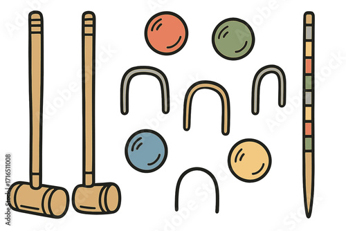 Croquet sport game equipment set. Vector cartoon illustration of mallets, balls, hoops, wickets, and stake. Doodle style collection for outdoor summer activity and leisure. Isolated graphic elements.