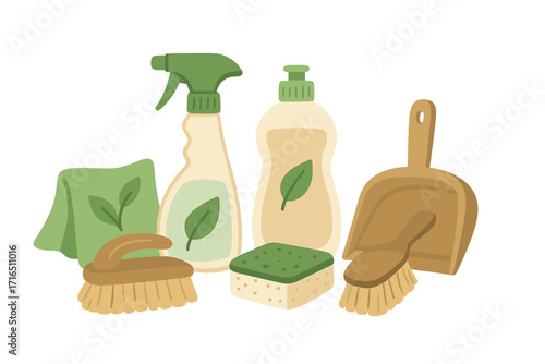 Green cleaning supplies for a sustainable household. Natural, organic, non-toxic, biodegradable products. Vector illustration set of eco-friendly detergents, brush and sponge.