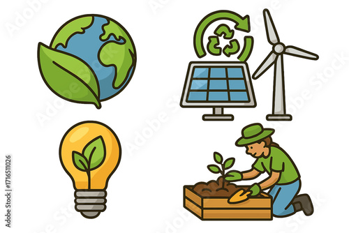 Environmental icon set with sustainability and green technology symbols. Renewable energy, solar and wind power, recycling, and community gardening. Vector cartoon illustration.