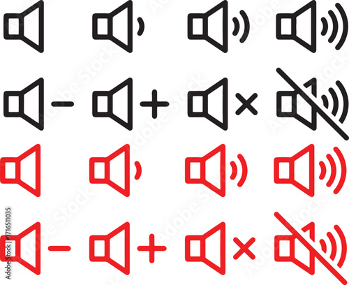 black, speaker, icons, volume, vector, design, illustration, sound, audio, music, icon, symbol, level, increase, decrease, mute, off, on, loud, quiet, graphic, set, collection, red, white, rounded squ