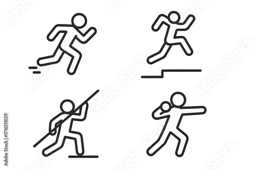 Athletics icon set. Track and field pictograms in a linear style. Includes running, hurdles, javelin throw, and shot put. Vector symbols for sports competition and athletes.