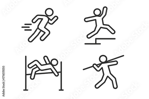Athletics icons set. Track and field pictograms. Running, jumping, throwing sports collection. Linear design of runner, high jump, hurdles and javelin thrower athlete symbol.