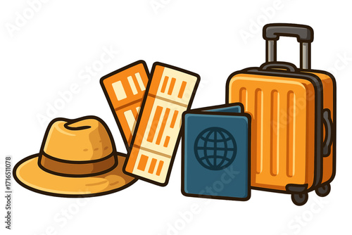 Travel essentials vector set for vacation. Suitcase, passport, and boarding pass tickets for a journey. Tourism and adventure concept with hat and luggage. Flat cartoon style.