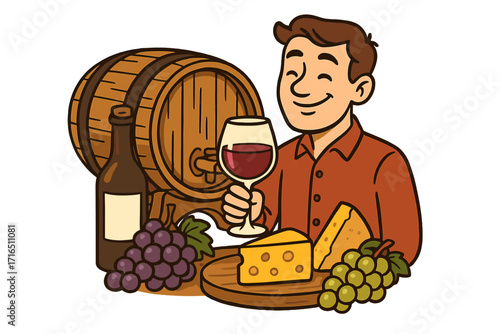Man enjoying wine and cheese tasting in a rustic cellar. Sommelier with red wine glass, barrel, grapes, and bottle. Vector cartoon for winery, food pairing concept.