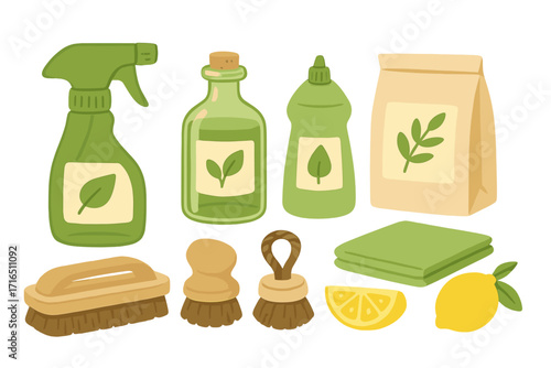 Eco friendly cleaning supplies set. Natural green household products for sustainable living. Zero waste home cleaning tools, organic detergent, bottle, brush, lemon, soda. Vector