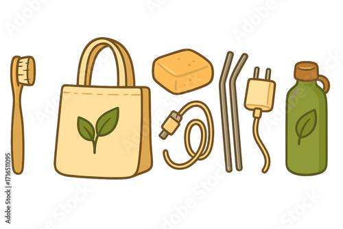 Zero waste lifestyle essentials for sustainable living. Eco friendly products set with reusable bag, bottle, toothbrush, metal straws, solid soap. Vector cartoon illustration.