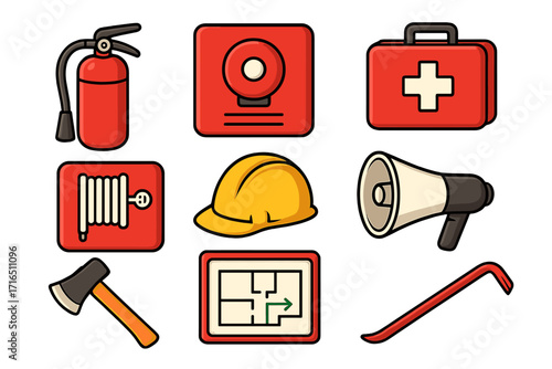 Emergency preparedness icons set. Essential safety equipment and tools for public spaces and workplaces. Vector collection with fire extinguisher, alarm, and first aid kit.
