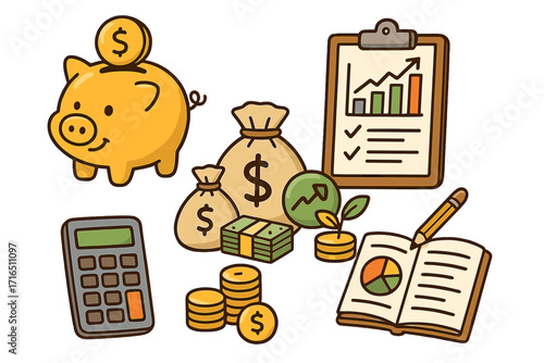Financial planning tools and symbols for savings, investments, and budgeting strategies. Personal finance management icons. Vector cartoon illustration of money growth and economy.
