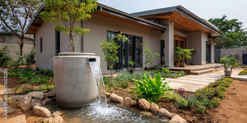 Modern home with waterfall garden