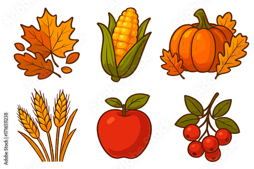 Fall harvest vector icon set. Autumn food illustration with pumpkin, apple, corn, wheat, leaves, berries. Cartoon Thanksgiving clip art for seasonal farm market design.