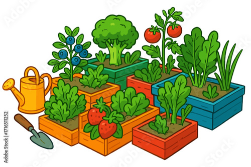 Urban gardening concept with colorful raised beds. Vector cartoon illustration of homegrown fresh vegetables and fruits like tomatoes, broccoli, strawberries, and blueberries.